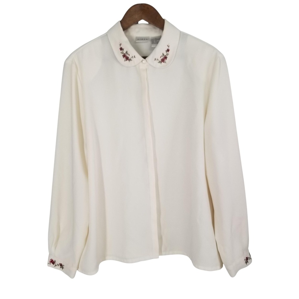 Koret Women Ivory Embroidered Peter Pan Collar Blouse Faux Pearl SZ 18 Romantic